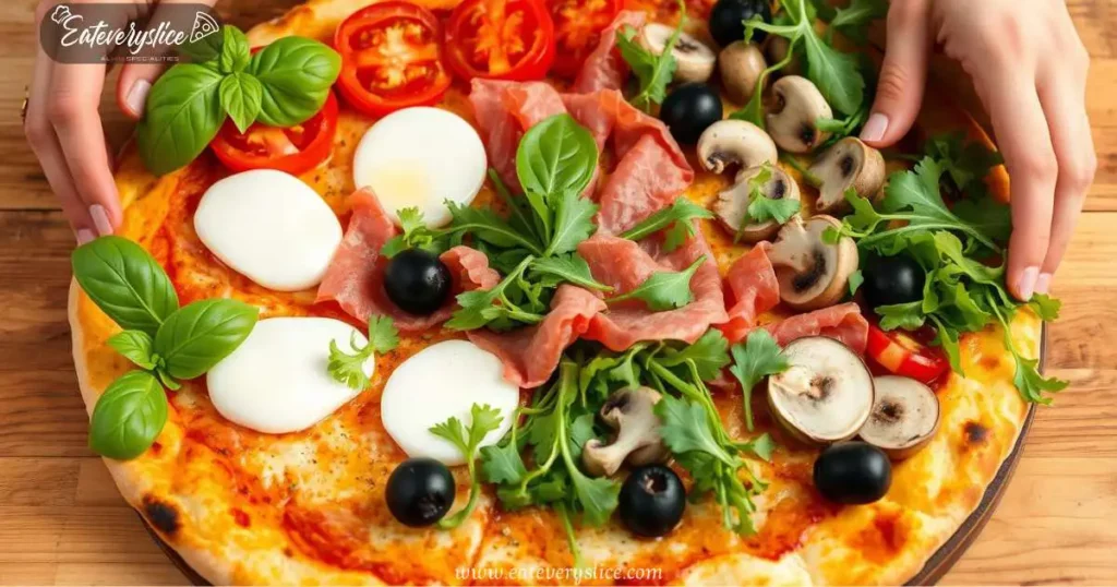 1 Eat every slice An assortment of authentic Italian pizza toppings displayed artistically, including fresh basil leaves, ripe tomatoes Eat every slice An assortment of authentic Italian pizza toppings displayed artistically, including fresh basil leaves, ripe tomatoes