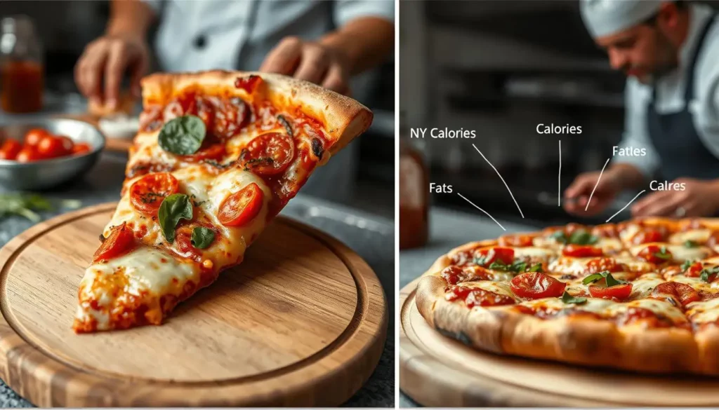 2 Eat Every Slice Close-up of a classic NYC pizza slice on a wooden board, showcasing melted cheese and vibrant toppings, with calorie information visually represented around it Eat Every Slice Close-up of a classic NYC pizza slice on a wooden board, showcasing melted cheese and vibrant toppings, with calorie information visually represented around it