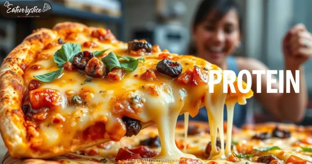 3 Eat Every Slice slice of Costco pizza showing the gooey cheese and toppings with a focus on the protein-rich ingredients Eat Every Slice slice of Costco pizza showing the gooey cheese and toppings with a focus on the protein-rich ingredients