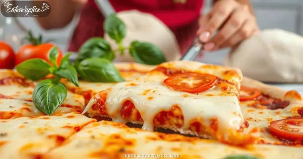 3 Eat Every Slie cheese pizza slice with melted cheese and golden crust, surrounded by fresh ingredients like tomatoes and basil Eat Every Slie cheese pizza slice with melted cheese and golden crust, surrounded by fresh ingredients like tomatoes and basil