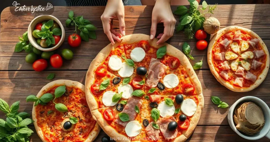 Eat Every Slice A rustic wooden table filled with various traditional Italian pizza toppings, including fresh basil leaves Eat Every Slice A rustic wooden table filled with various traditional Italian pizza toppings, including fresh basil leaves