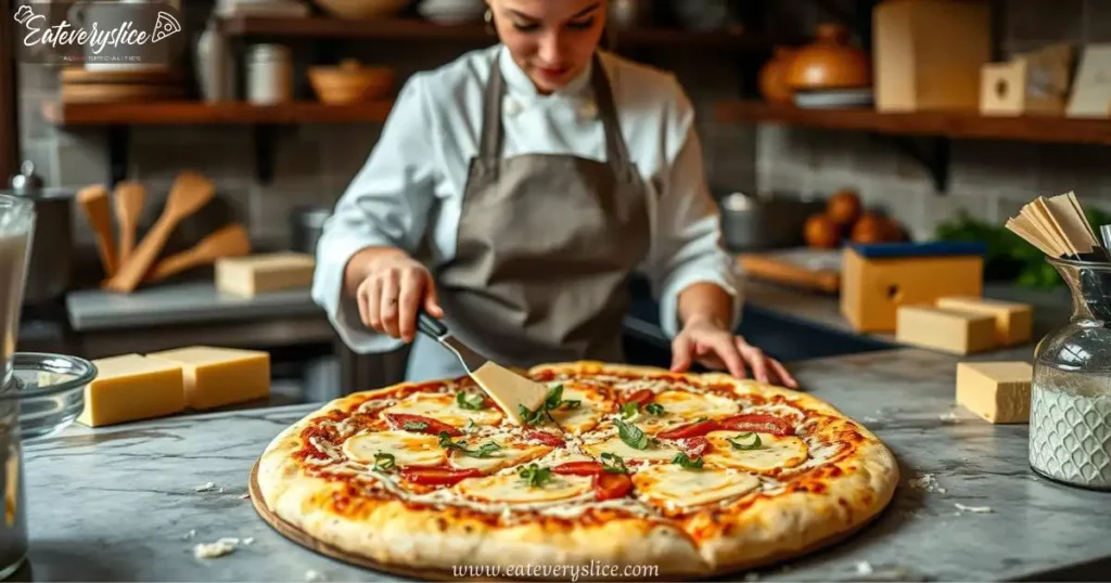 4 Eat Every Slice cheese pizza well prepared with different type of cheese, with a woman chef Eat Every Slice cheese pizza well prepared with different type of cheese, with a woman chef
