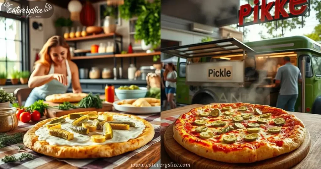 5 Eat Every Slice A vibrant, inviting kitchen scene with a woman expertly assembling a unique pickle pizza, fresh ingredients spread across the counter Eat Every Slice A vibrant, inviting kitchen scene with a woman expertly assembling a unique pickle pizza, fresh ingredients spread across the counter