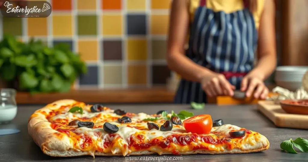 5 Eat Every Slice detailed flat lay of a Costco pizza slice with visible toppings, nutritional information icons surrounding it Eat Every Slice detailed flat lay of a Costco pizza slice with visible toppings, nutritional information icons surrounding it