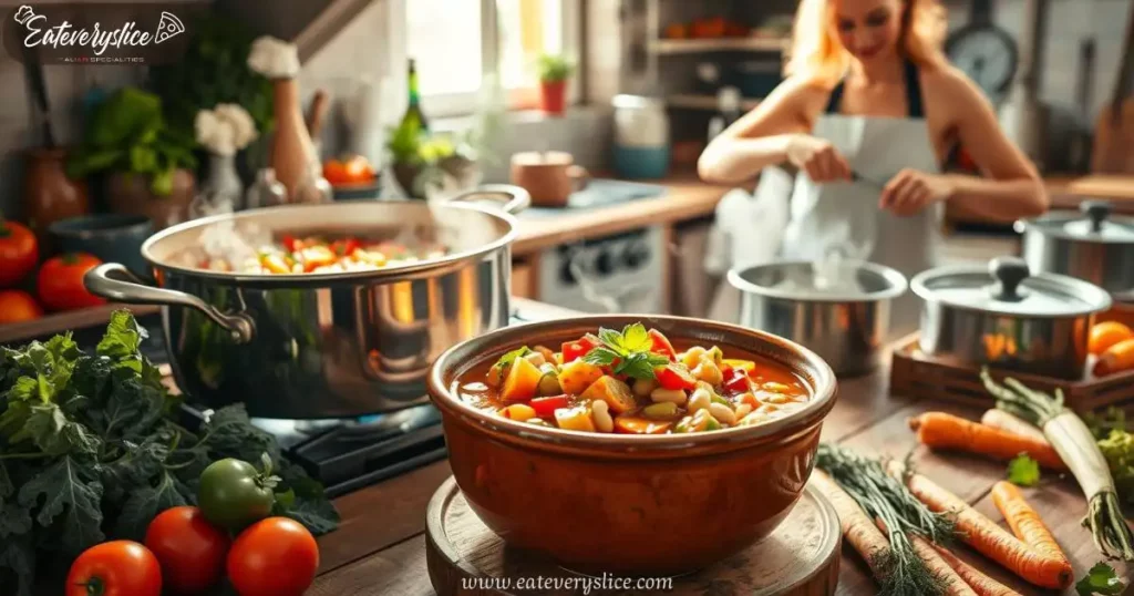 5 Eat Every Slice large pot of minestrone soup simmering on the stove, vibrant vegetables like tomatoes, zucchini, and beans visible, fresh basil Eat Every Slice large pot of minestrone soup simmering on the stove, vibrant vegetables like tomatoes, zucchini, and beans visible, fresh basil