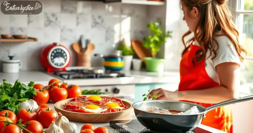 5 Eat Every Slice woman chef preparing Italian style eggs in tomato sauce, with fresh ingredients like tomatoes, garlic, and herbs on the counter Eat Every Slice woman chef preparing Italian style eggs in tomato sauce, with fresh ingredients like tomatoes, garlic, and herbs on the counter