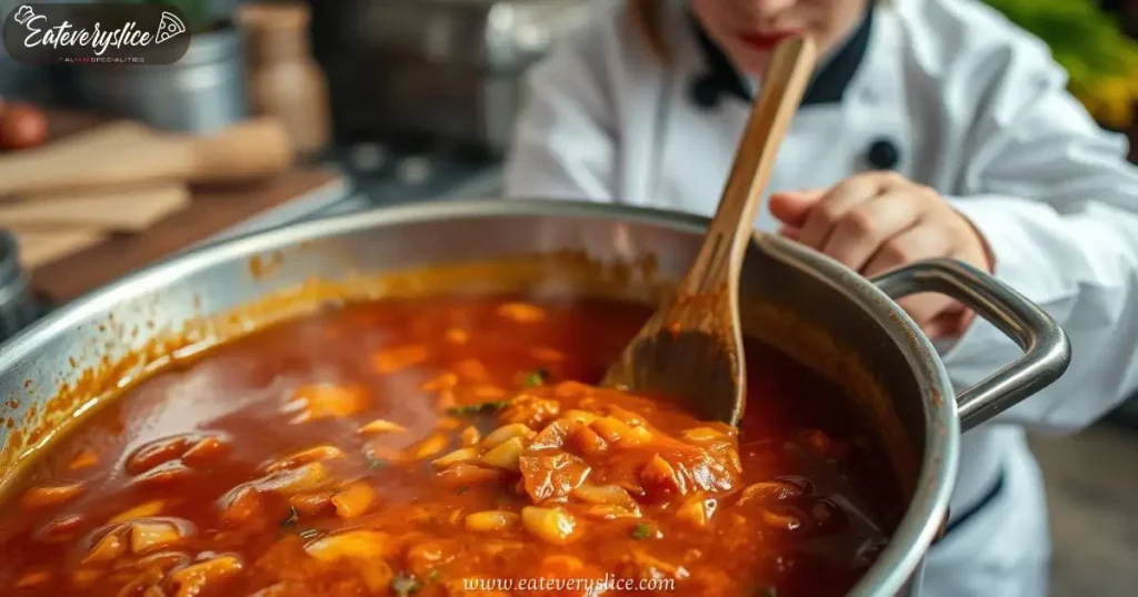 Eat Every Slice savory sauce simmering in a pot, with the glossy texture reflecting light, surrounded by fresh herbs and aromatics