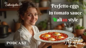 Poached eggs simmering in a rich Italian tomato sauce, garnished with fresh basil, featured on the Eat Every Slice podcast.