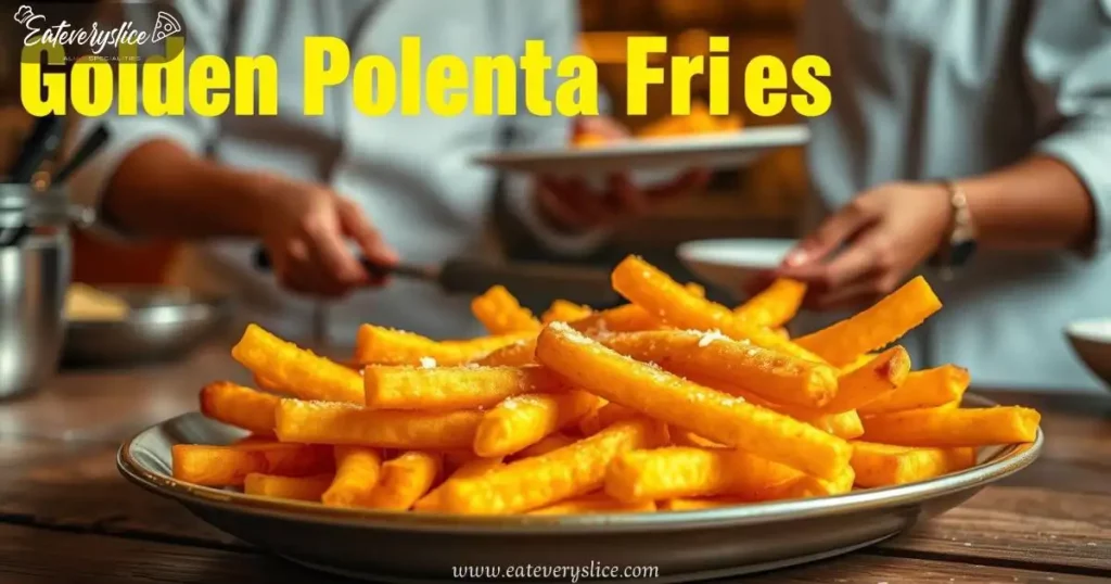 A golden-hued dish of crispy polenta fries, resting on a rustic wooden surface, with a chef in a white apron carefully plating them under warm, golden lighting.