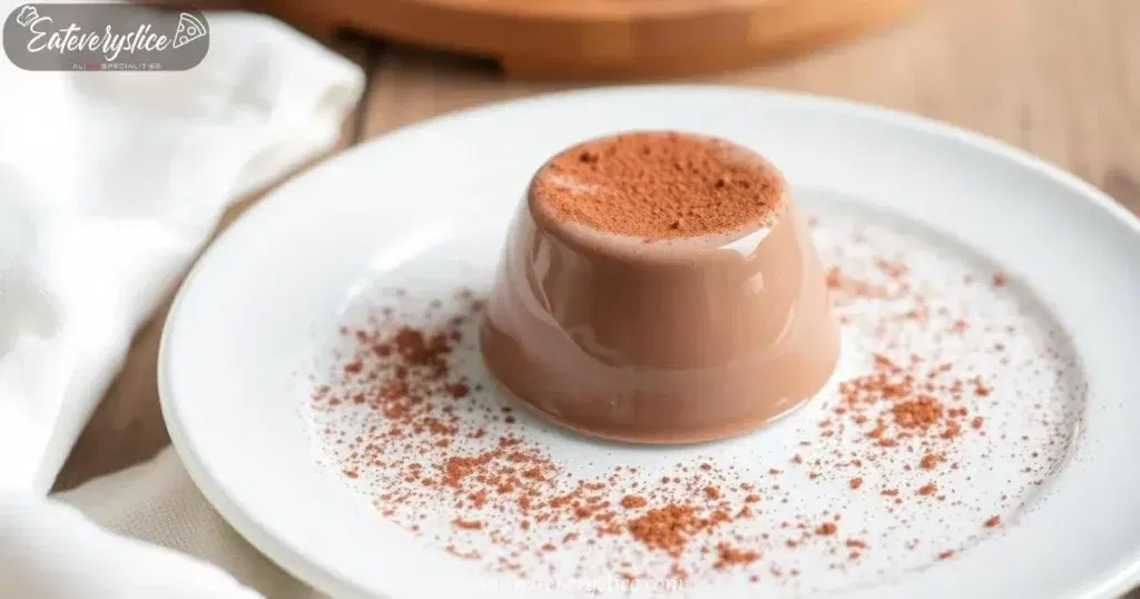 A delicate homemade cocoa panna cotta on a white ceramic plate, lightly dusted with cocoa powder. Soft lighting highlights its creamy texture, with a rustic wooden background adding warmth and contrast.