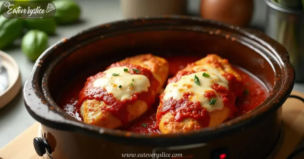 Rustic Crockpot Chicken Parmesan with Melted Mozzarella and Basil Golden-brown chicken breasts in a rustic crockpot with bubbling tomato sauce and melted mozzarella cheese, topped with fresh basil.