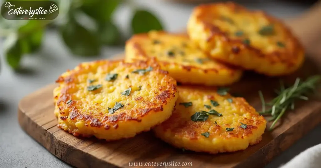Crispy Fried Polenta Cakes – A Rustic Delight Golden-brown fried polenta cakes arranged on a rustic wooden board, glistening with olive oil and showcasing a crispy exterior with a creamy interior
