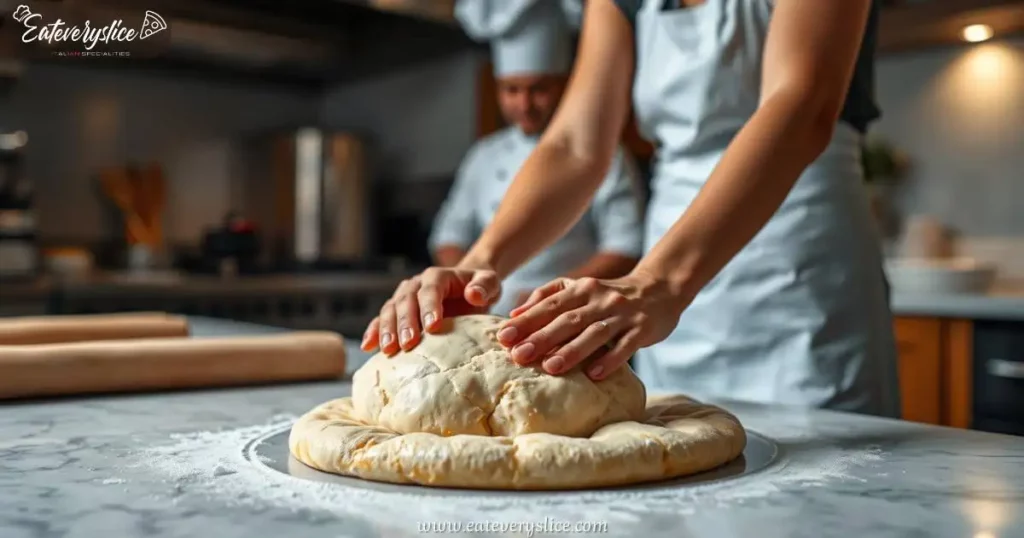 Mastering Pizza Dough β The First Step to a Perfect Hawaiian Pizza! A woman or chef in the foreground carefully shaping and stretching a ball of fresh pizza dough on a well-lit kitchen countertop. In the background, a professional chef in a white apron and toque observes attentively, ready to offer guidance. The warm lighting and soft shadows create a cozy and inviting atmosphere, setting the stage for a delicious homemade Hawaiian pizza.