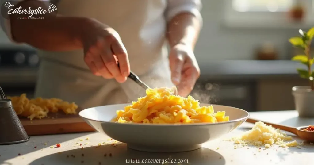 Mafalda Pasta: A Steaming Bowl of Culinary Elegance Close-up of steaming mafalda pasta with olive oil, gently tossed by hands, surrounded by rustic kitchen tools and freshly grated Parmesan