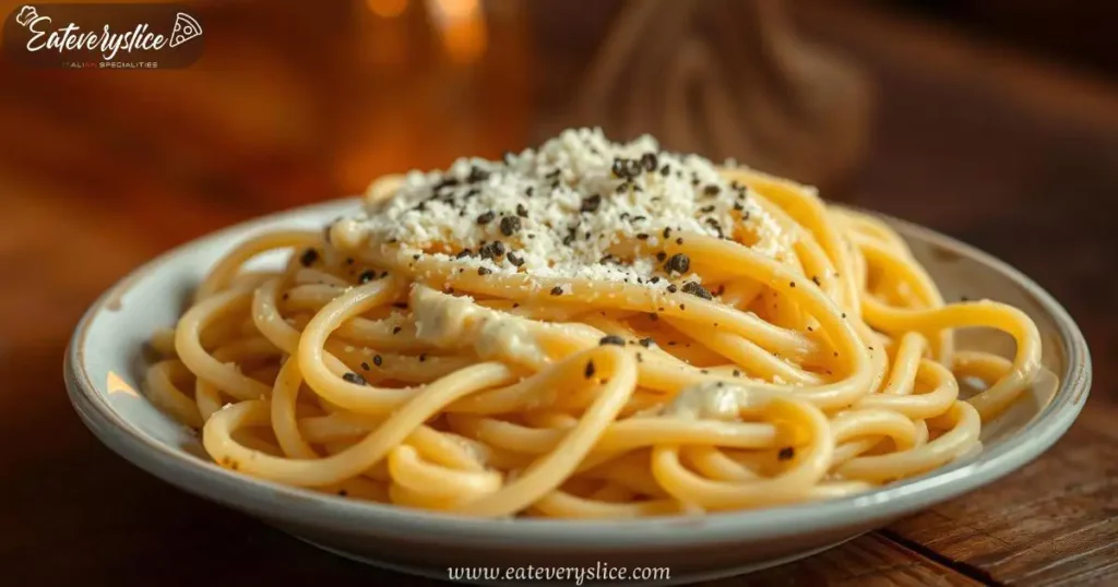 Close-up of a steaming plate of Mafaldine Cacio e Pepe with al dente noodles, creamy Pecorino Romano sauce, and freshly cracked black pepper.