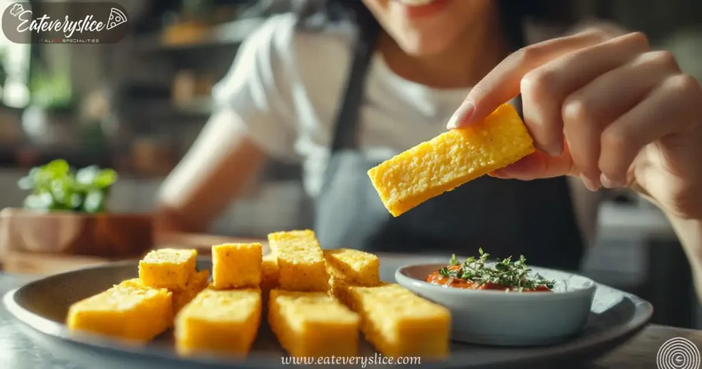 Woman Enjoying Crispy Fried Polenta Fries in a Modern Kitchen A happy woman in a modern kitchen holding a crispy fried polenta fry, ready to take a bite, with a plate of golden fries and a dish of herbed dipping sauce on a sleek countertop