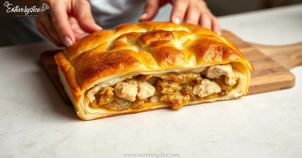 Close-up of tempting Costco chicken bake with flaky pastry crust and savory filling