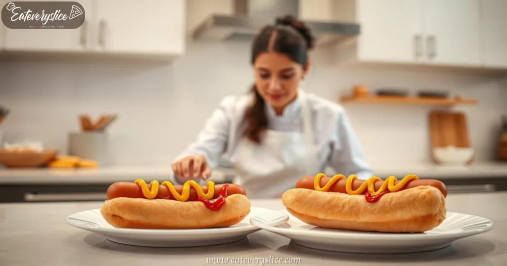 Costco hot dog on plate with mustard and ketchup, chefs in background