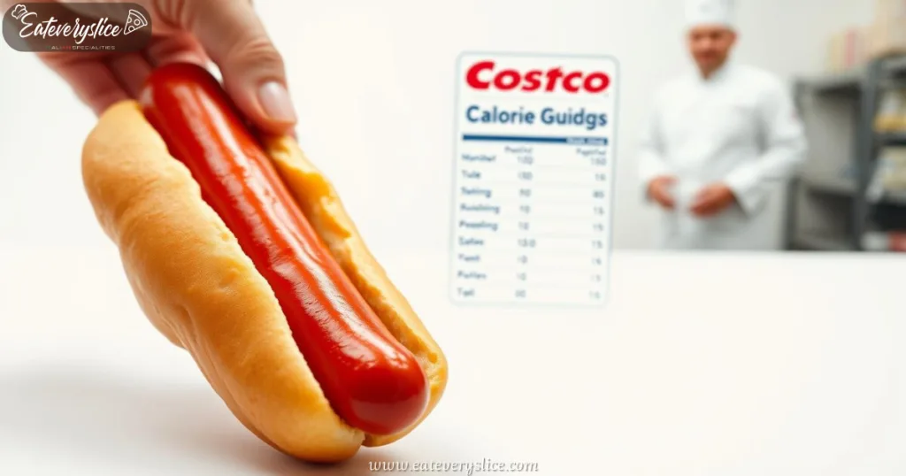 Vibrant close-up of a Costco hot dog with calorie guide
