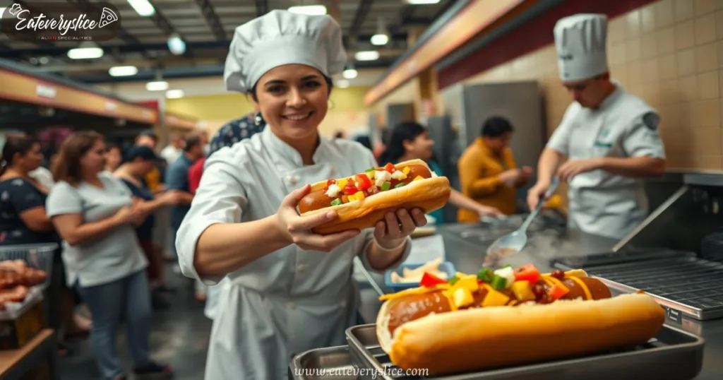Classic Costco hot dog being assembled by a chef in a bustling food court