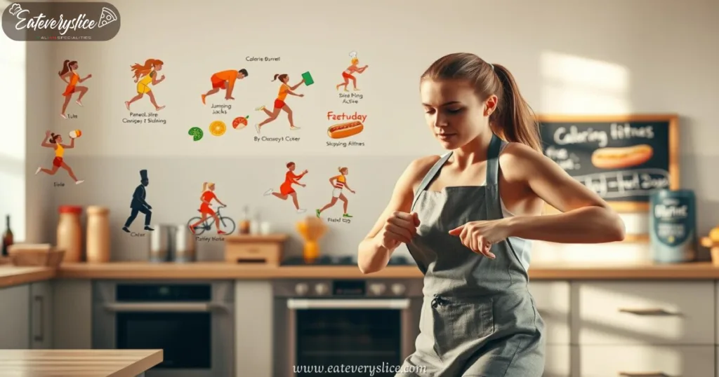 Woman in chef's apron exercising in kitchen with calorie-burning illustrations and chef at chalkboard