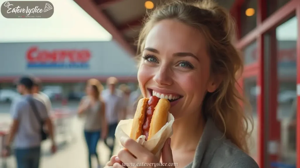 Woman enjoying hot dog outside Costco-style store