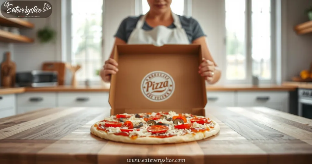 Woman preparing pizza with mozzarella, pepperoni, mushrooms, and bell peppers in a bright kitchen