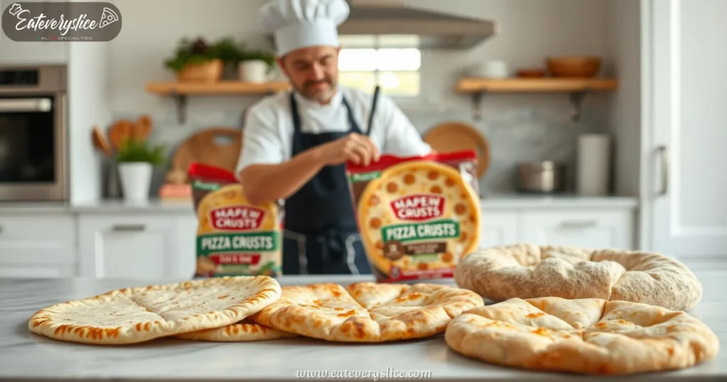 Variety of Costco pizza crust types on a well-lit kitchen counter