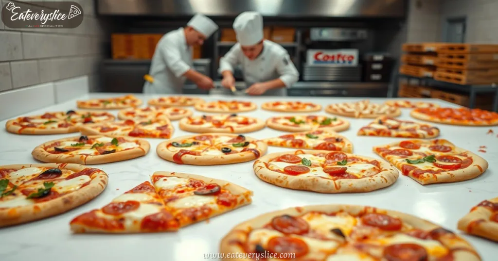 Variety of Costco pizza slices on counter with chef preparing more in background