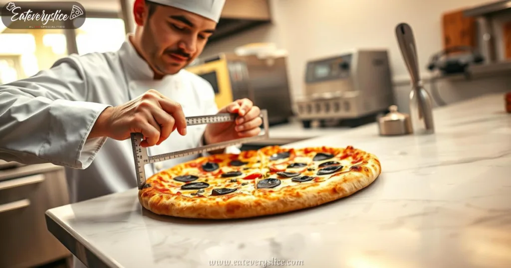 Professional photo of Costco-style pizza being measured by a chef with a ruler