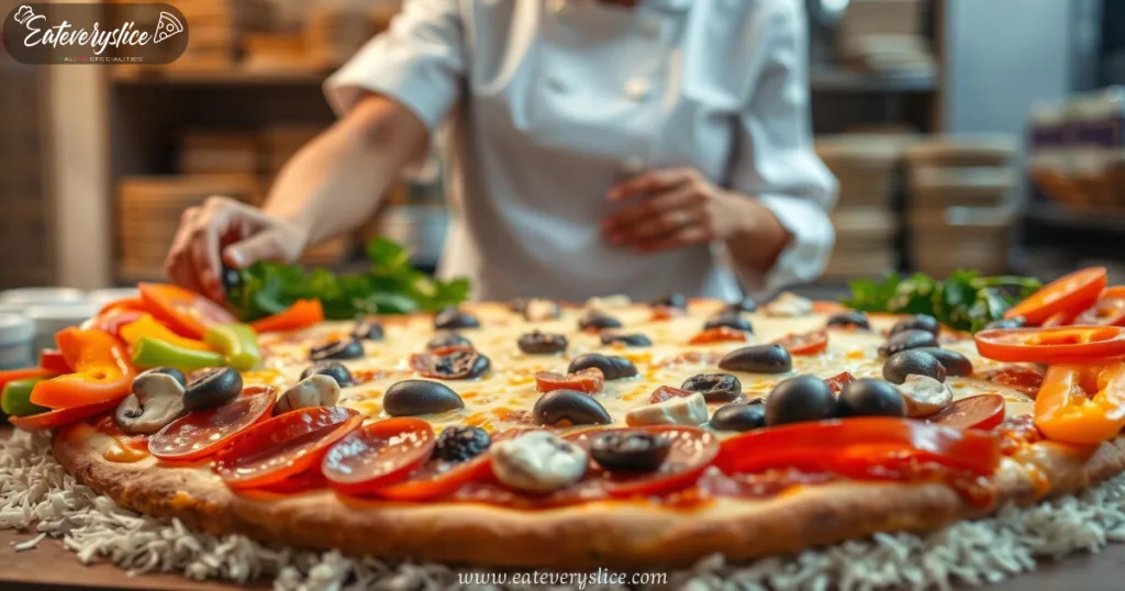 Woman arranging Costco pizza toppings with chef overseeing