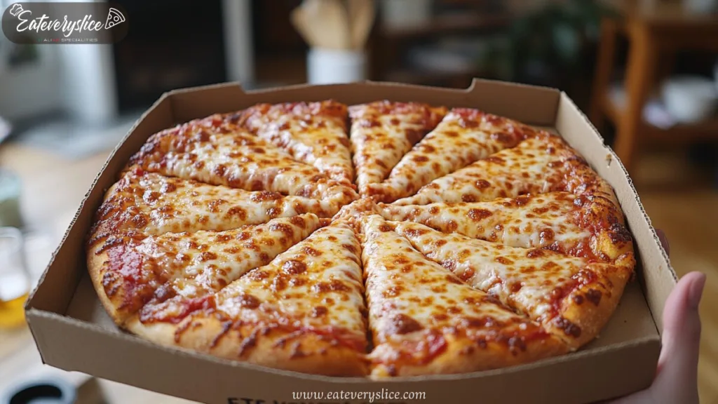How many slices in Costco pizza with Happy person holding open Costco pizza box with 12 slices, one lifted showing melted cheese