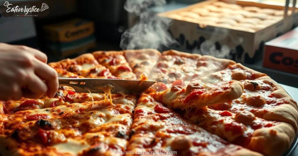 Woman slicing hot Costco pizza with molten cheese and vibrant toppings